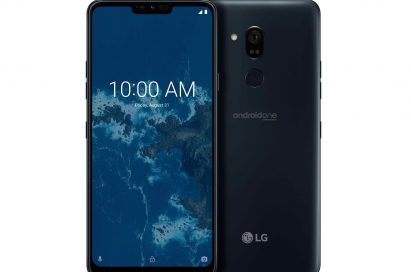 The front and rear view of the LG G7 One in New Moroccan Blue