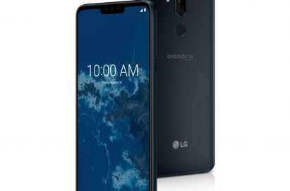 The front and rear view of the LG G7 One in New Moroccan Blue