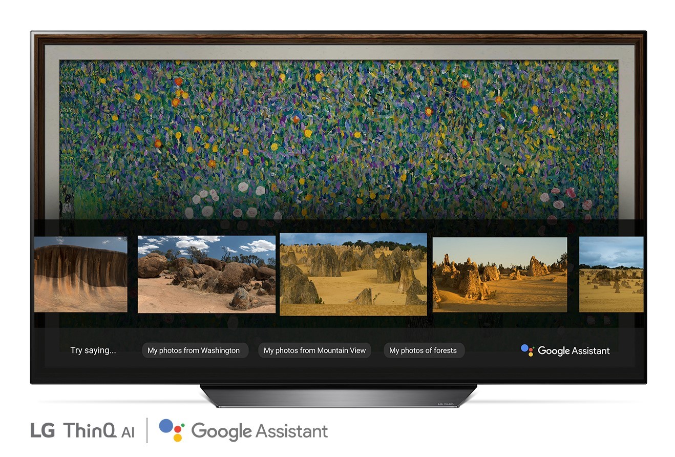 A front view of LG OLED TV showing Google Assistant function