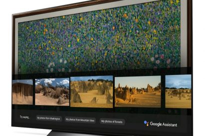 A right-side view of LG OLED TV showing Google Assistant function