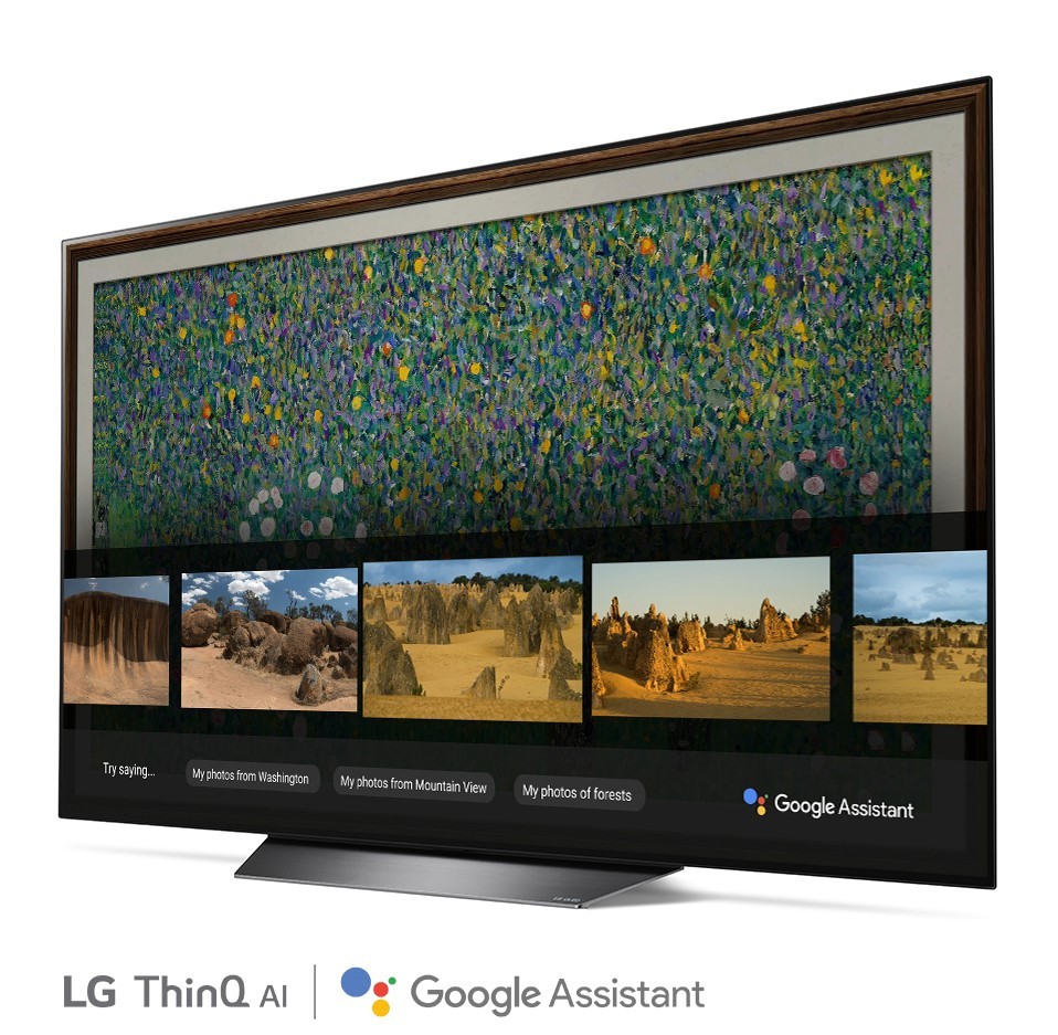 A right-side view of LG OLED TV showing Google Assistant function