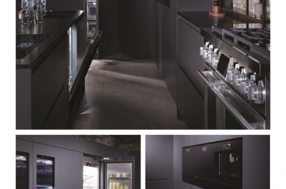 Collage of 4 individual photos showing the hallway between the counter and oven induction cooktop, the refrigerator and wine cellar, the wall oven, and cooktop control panel