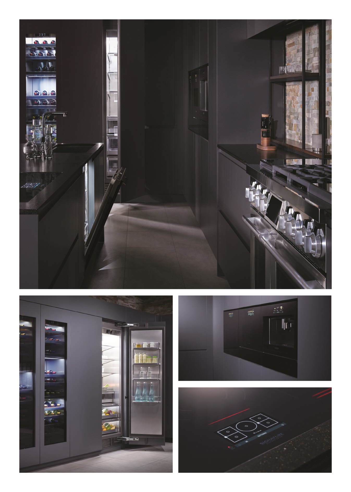 Collage of 4 individual photos showing the hallway between the counter and oven induction cooktop, the refrigerator and wine cellar, the wall oven, and cooktop control panel