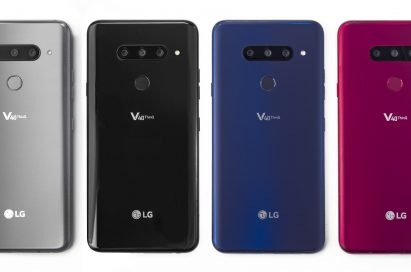 The rear view of the LG V40 ThinQ in New Platinum Gray, New Aurora Black, New Moroccan Blue and Carmine Red, side-by-side