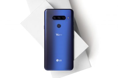 The rear view of the LG V40 ThinQ in New Moroccan Blue