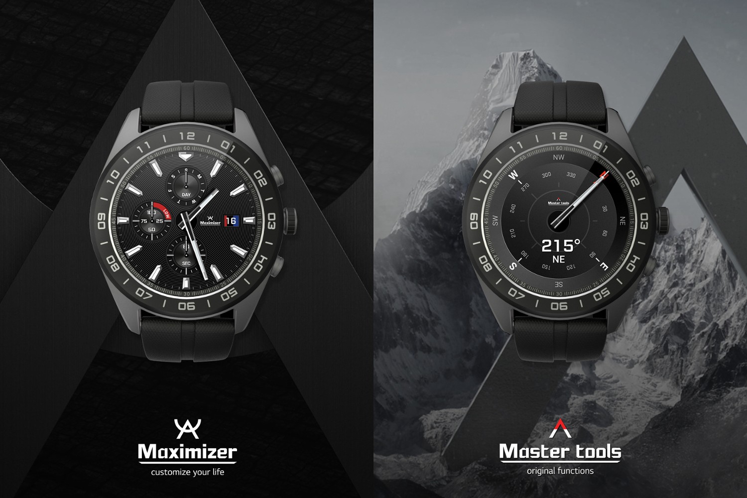 The front view of the LG Watch W7 with the Maximizer on one screen, and Master Tools on the other