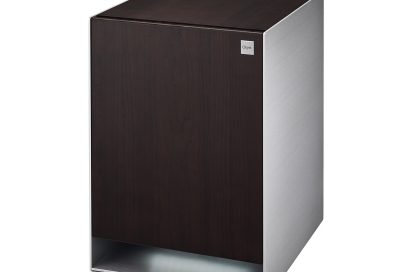 Side view of LG OBJET Refrigerator with LED lighting on taken from front-right at a 15-degree angle