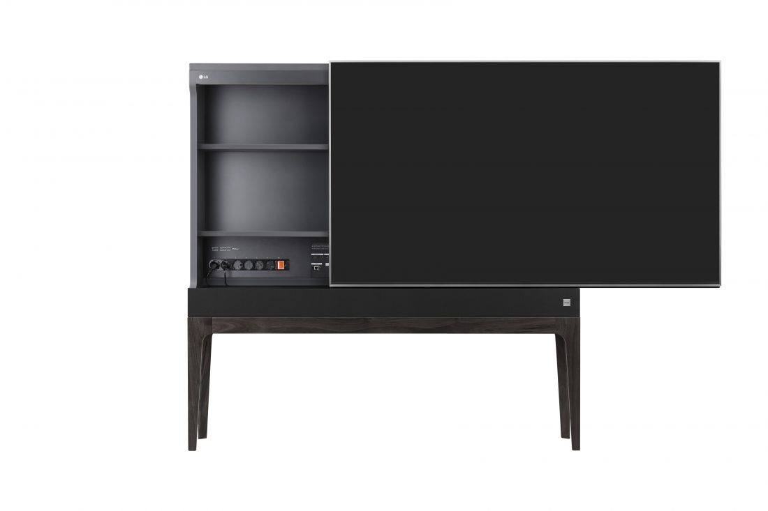 Front view of LG OBJET TV with display slid to the right to reveal input connections built into cabinet