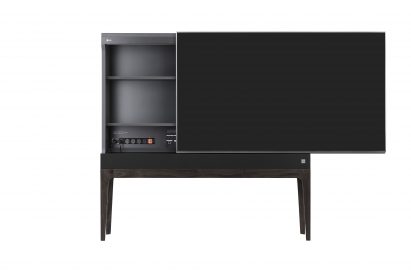 Front view of LG OBJET TV with display slid to the right to reveal input connections built into cabinet