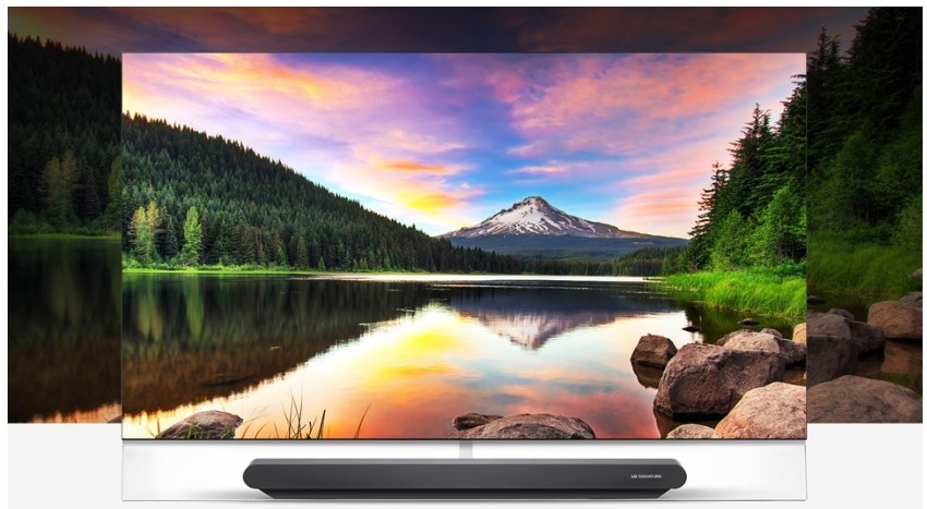 A concept image which shows LG OLED TV's screen displaying the natural scenery is put right in front of its real location
