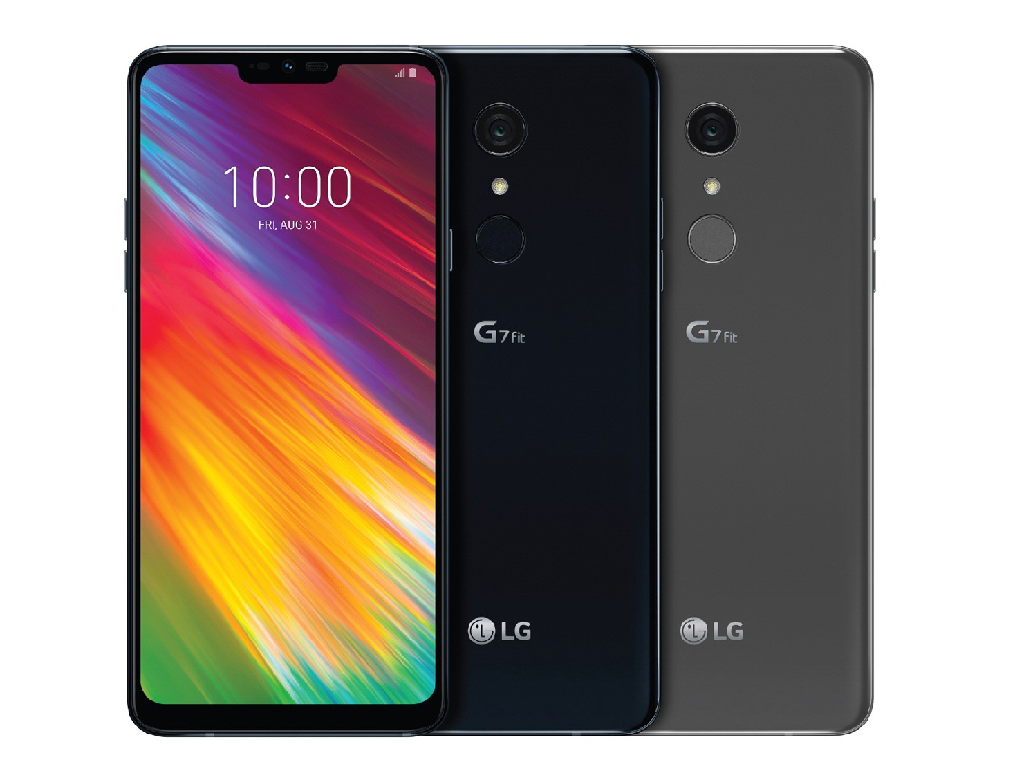 The front and rear view of the LG G7 Fit in New Aurora Black and New Platinum Gray