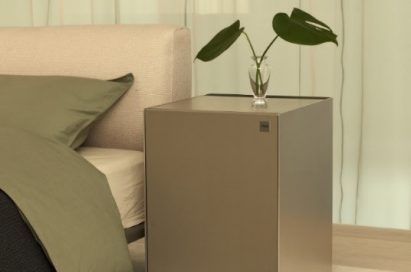 The front view of LG Objet Air Purifier in the bedroom