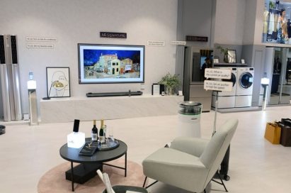 LG ThinQ AI-enabled products and a Natuzzi’s Colosseo sofa are on display at the Smart Living Concept zone in Natuzzi Italia.