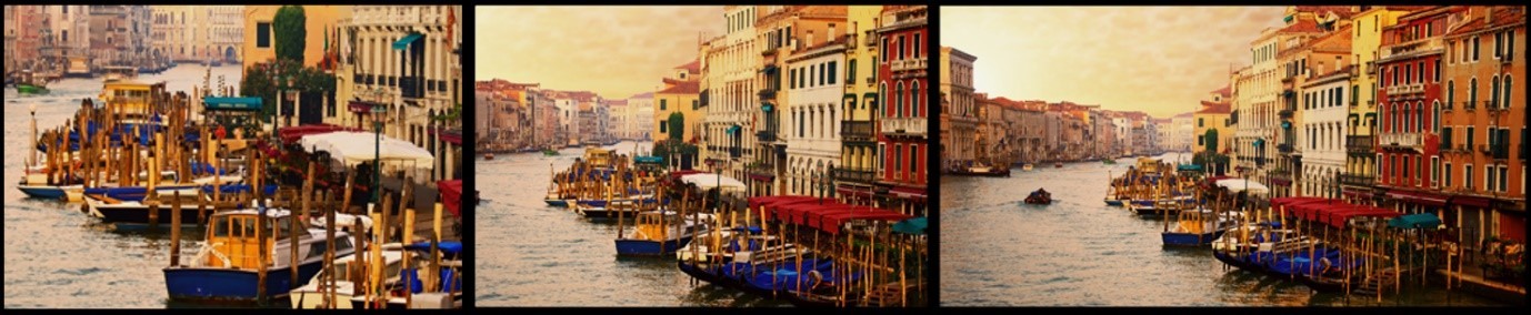 Three photos of a Venice canal that are taken at three different angles simultaneously using LG’s Triple Shot feature