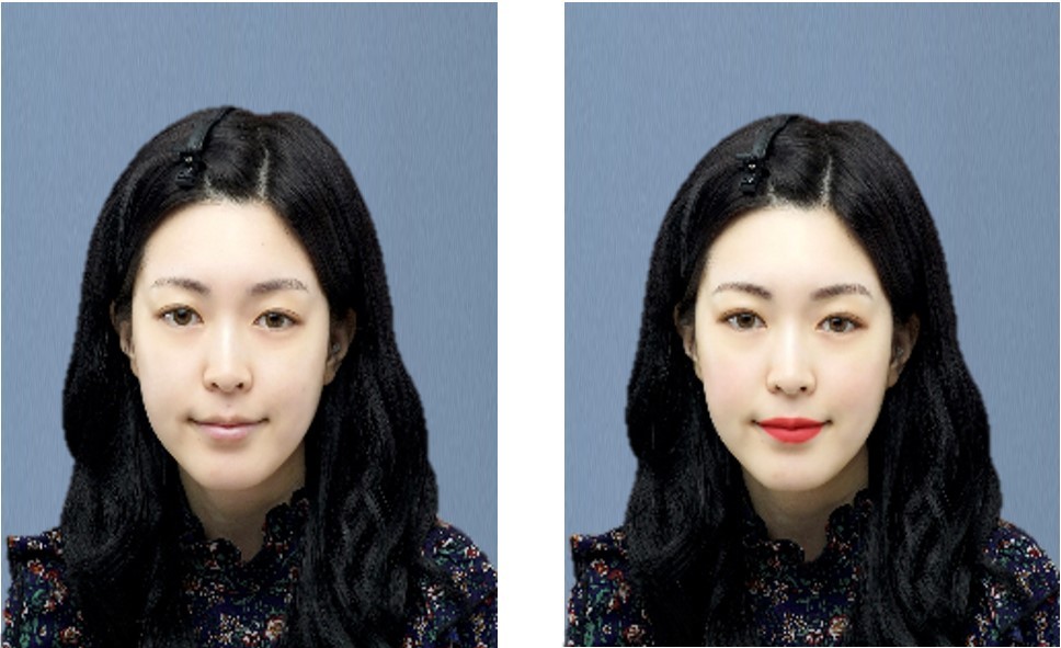 A before-and-after image with and without the virtual makeup effects of LG’s Makeup Pro feature