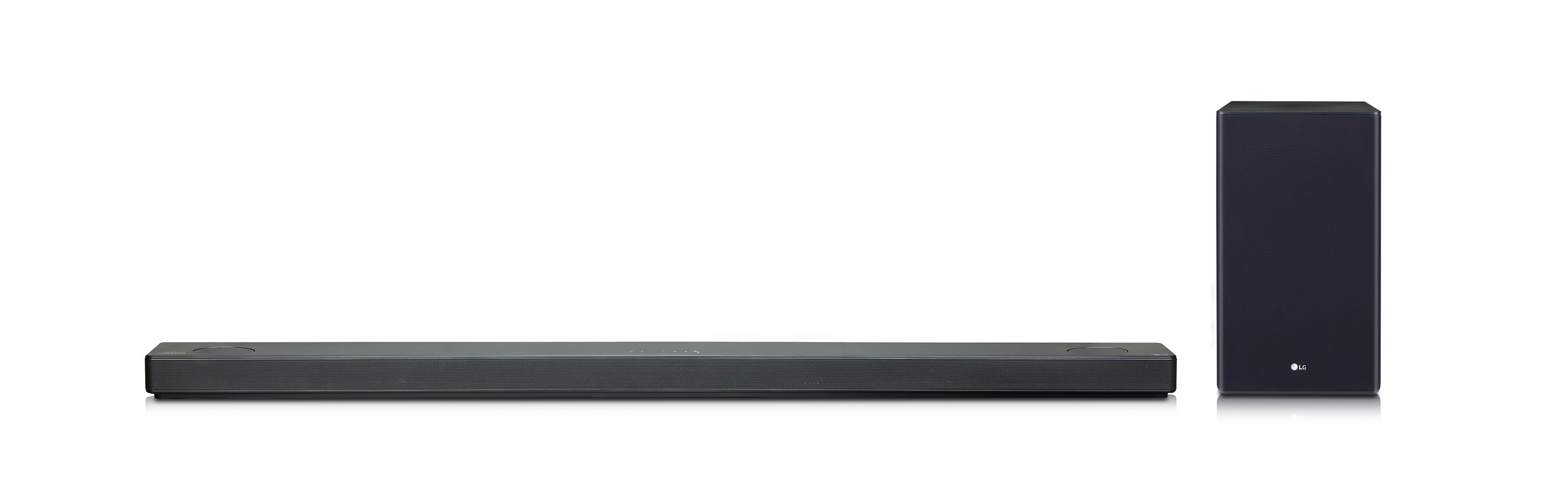 A front view of LG Soundbar model SL10YG and LG Wireless Rear Speaker Kit model SPK 8