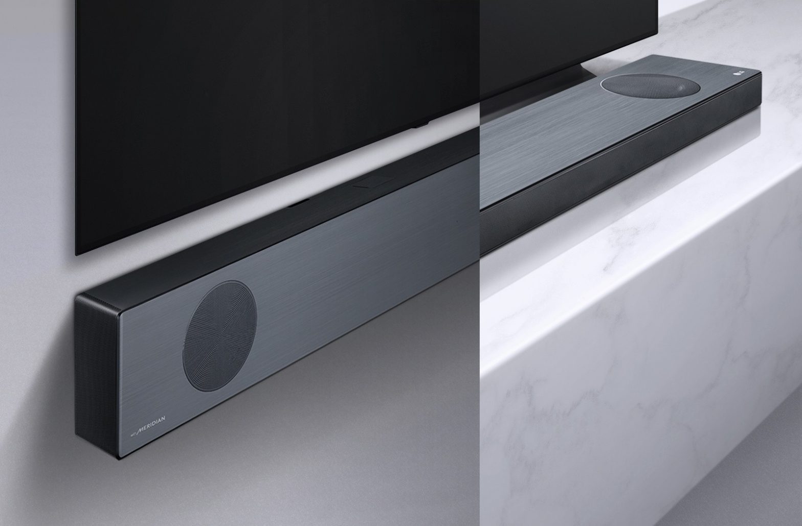 LG Soundbar model SL9YG fixed to a wall below an LG TV next to an image of it placed on a shelf