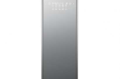 Front view of LG Styler Black Tinted Mirror Glass Door with 3 hangers