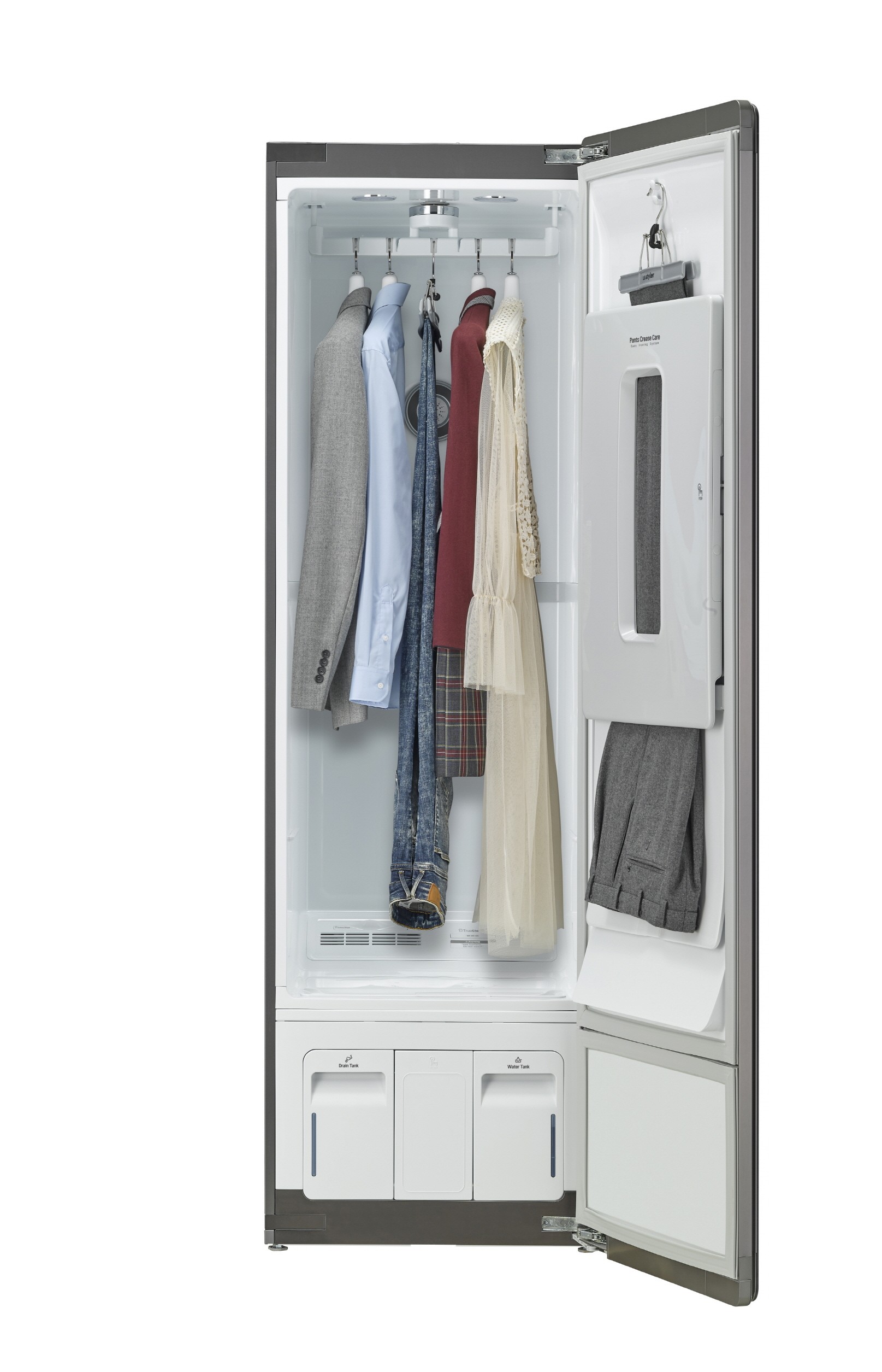 LG Styler with Black Tinted Mirror Glass Door wide open to show women’s dress, shirt and jackets hanging inside