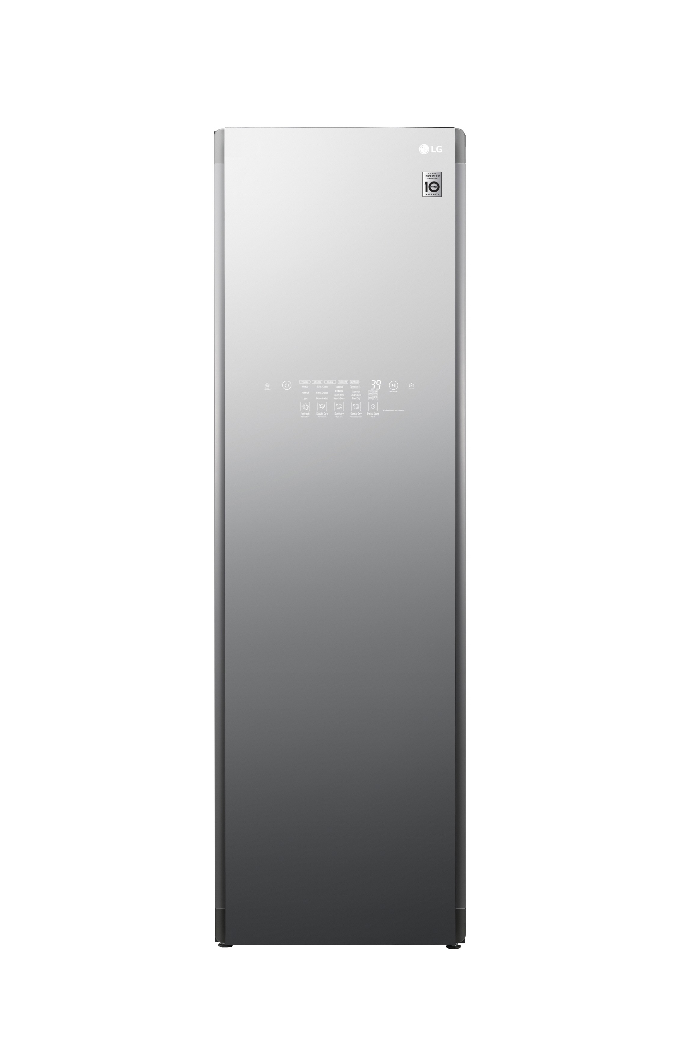 Front view of LG Styler Black Tinted Mirror Glass Door with 5 hangers