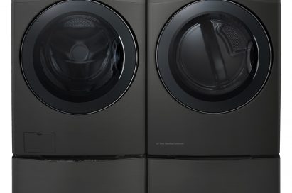 Front view of LG TWINWash™ washing machine and dryer in black