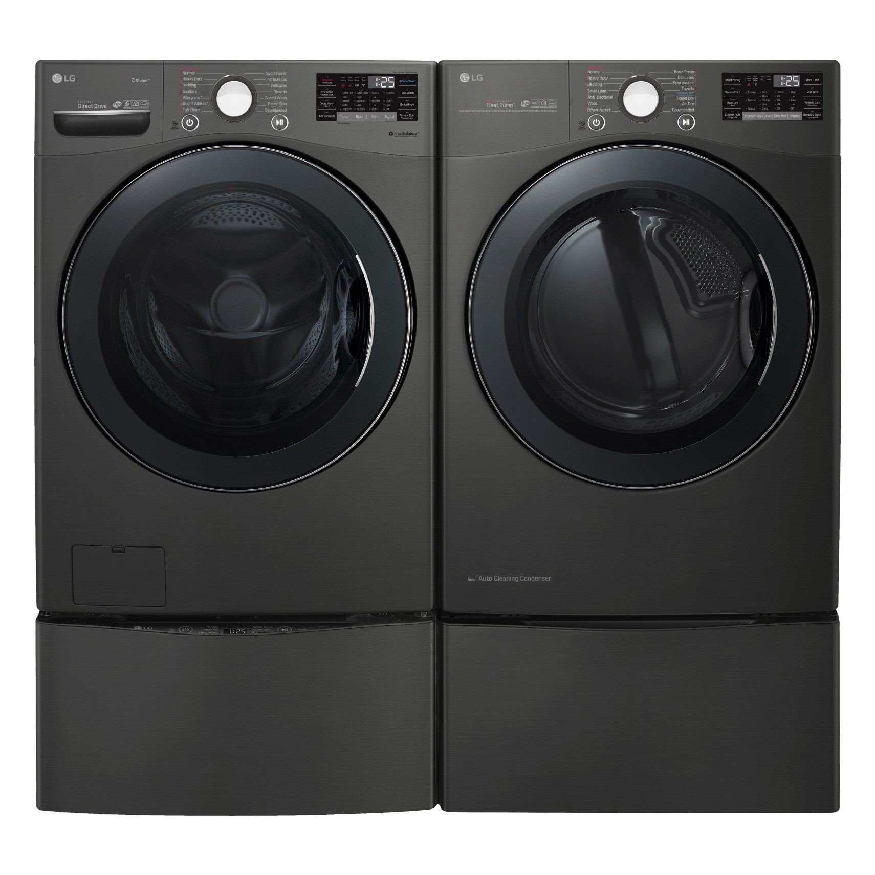 Front view of LG TWINWash™ washing machine and dryer in black
