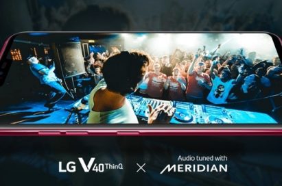 A promotional image about the partnership between LG V40 ThinQ and Meridian Audio, LG V40 ThinQ’s screen displays a DJ playing music on the stage for a crowd in a club.