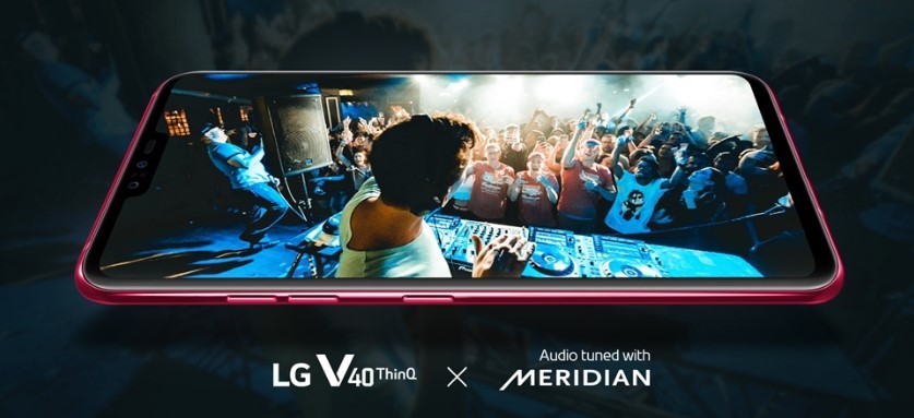 A promotional image about the partnership between LG V40 ThinQ and Meridian Audio, LG V40 ThinQ’s screen displays a DJ playing music on the stage for a crowd in a club.