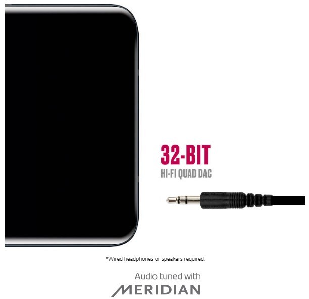 The image introduces the 32-bit Hi-Fi Quad DAC by describing a headphone plug approaching to the headphone jack of the LG V40 ThinQ.