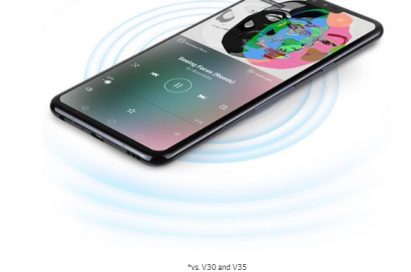 An image to visualize the Boombox Speaker feature of LG V40 ThinQ, the sound ripples come out from the phone.
