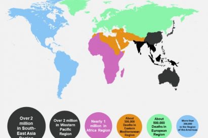 An infographic explaining geographical estimations from the World Health Organization regarding levels of air pollution