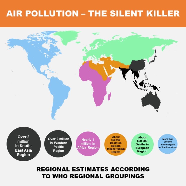 An infographic explaining geographical estimations from the World Health Organization regarding levels of air pollution