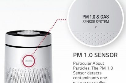 Front view of the LG PuriCare 360° air purifier that detects fine particles under 1 micrometer in diameter while also eliminating unpleasant smells