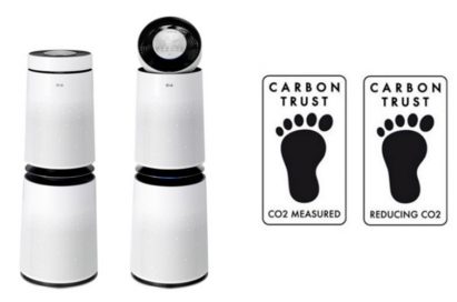 A front view of the LG PuriCare 360° air purifiers with two Carbon Trust Product Certifications which recognize LG’s effort to measure and reduce CO2 emissions