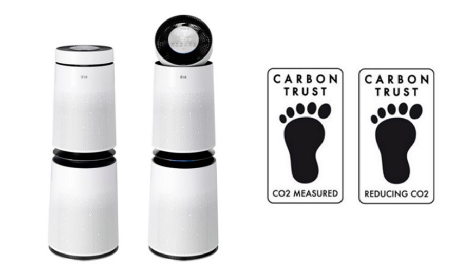 A front view of the LG PuriCare 360° air purifiers with two Carbon Trust Product Certifications which recognize LG’s effort to measure and reduce CO2 emissions