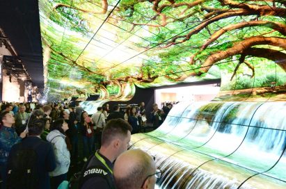 Another view of attendees admiring the LG OLED Falls at the LG Booth at CES 2019