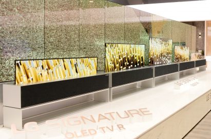 LG OLED TV R displayed in a row and in multiple viewing modes at LG’s CES 2019 booth