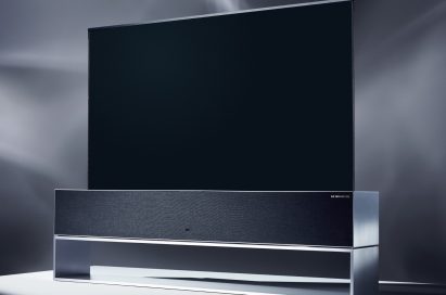 A right-side view of LG SIGNATURE OLED TV R model 65R9 on display