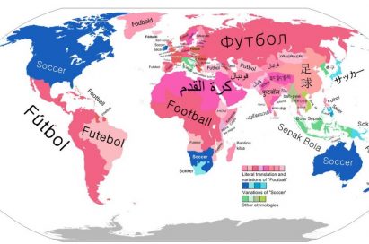 A world map that indicates the geographical and linguistic variations in naming the soccer