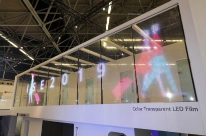 LG’s color transparent LED film signage presented at ISE 2019.