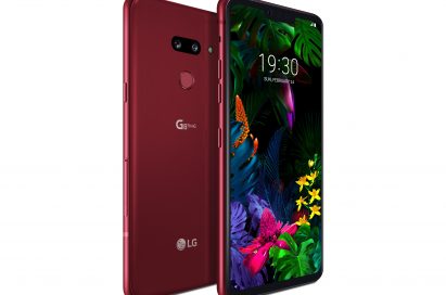 The front and rear view of the LG G8 ThinQ in Carmine Red