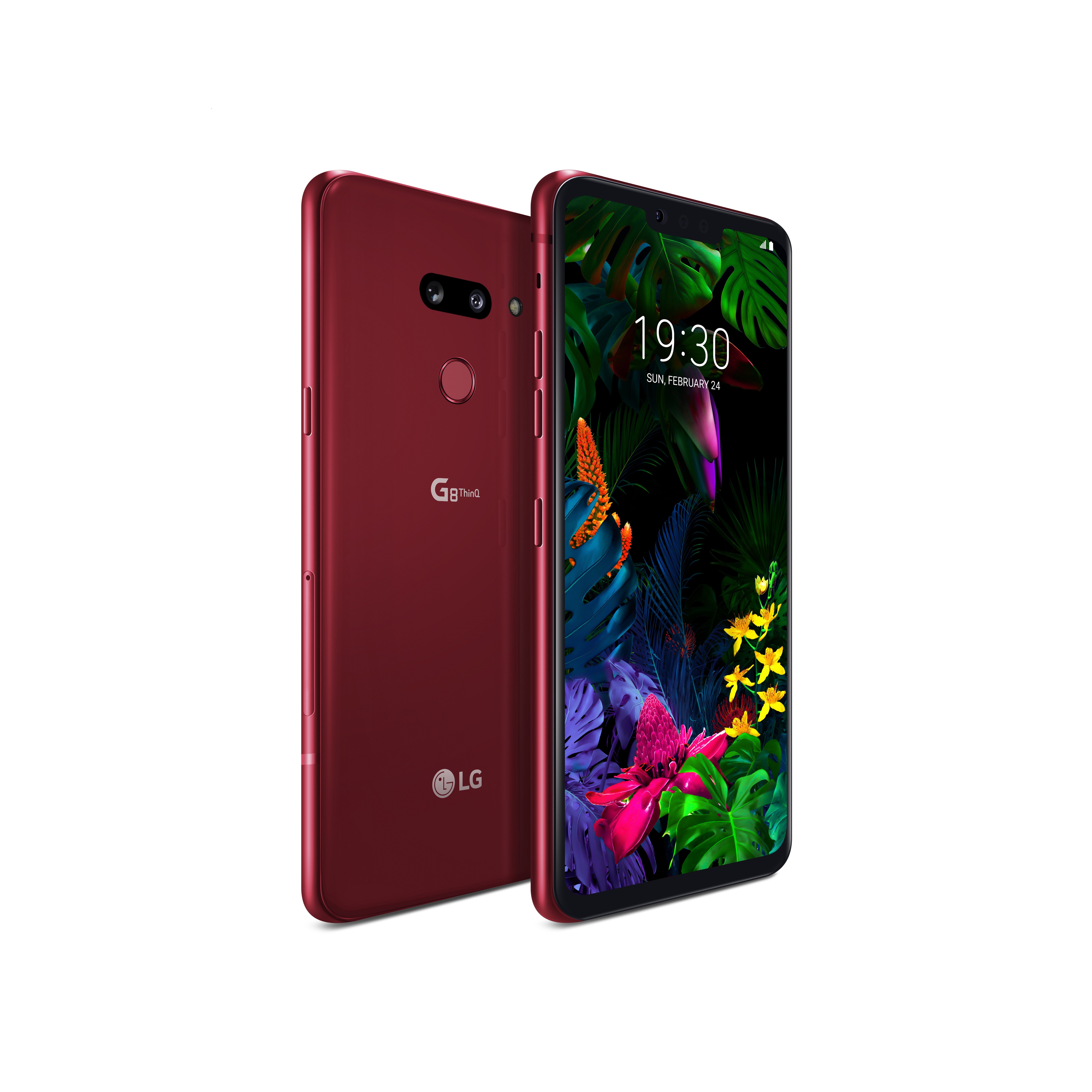 The front and rear view of the LG G8 ThinQ in Carmine Red