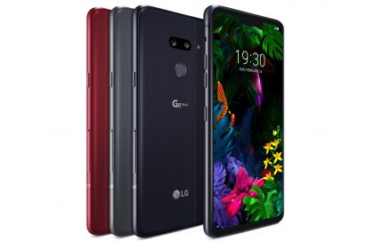 The front and rear view of the LG G8 ThinQ in Carmine Red, New Platinum Gray and New Aurora Black