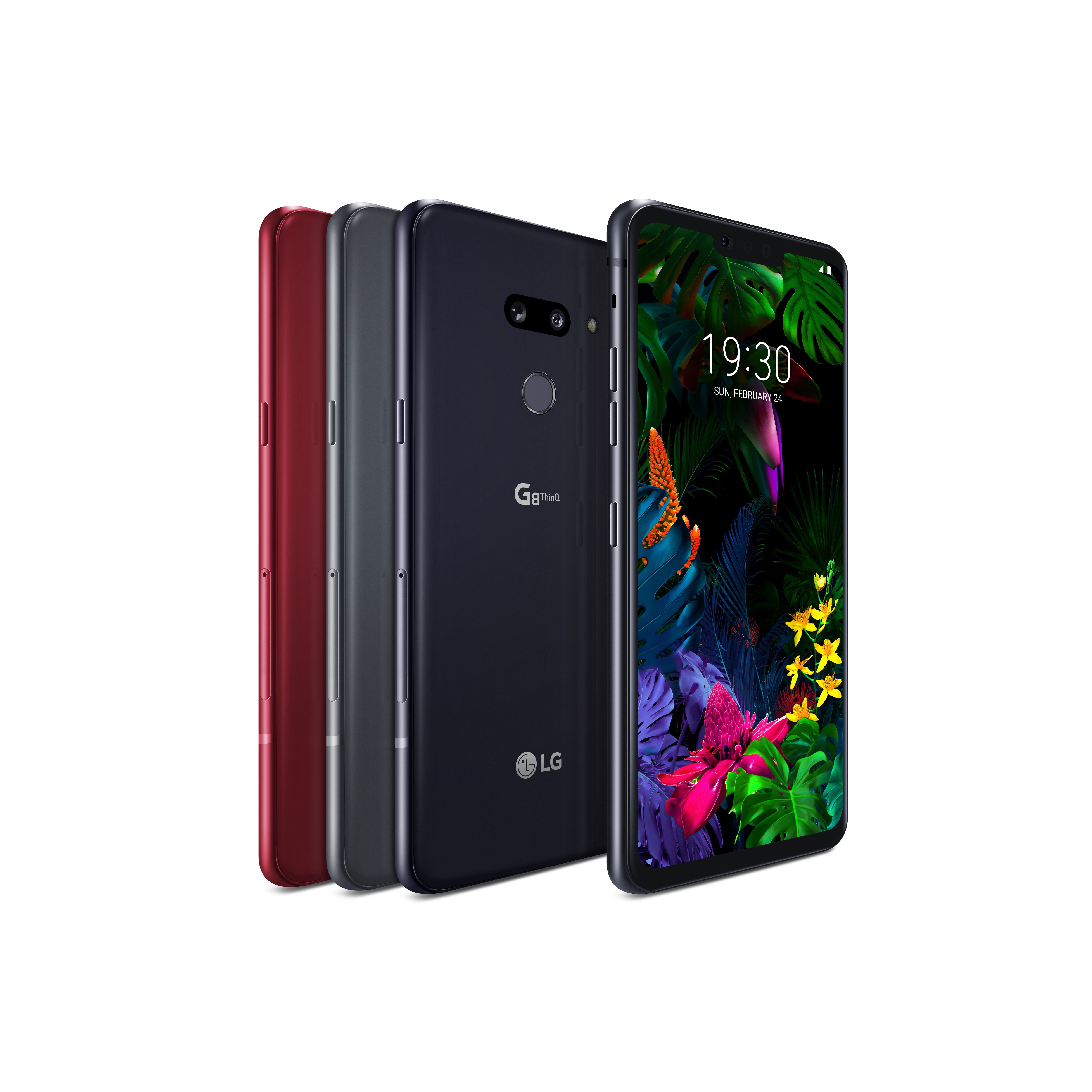 The front and rear view of the LG G8 ThinQ in Carmine Red, New Platinum Gray and New Aurora Black