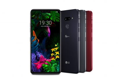 The front and rear view of the LG G8 ThinQ in New Aurora Black, New Platinum Gray and Carmine Red
