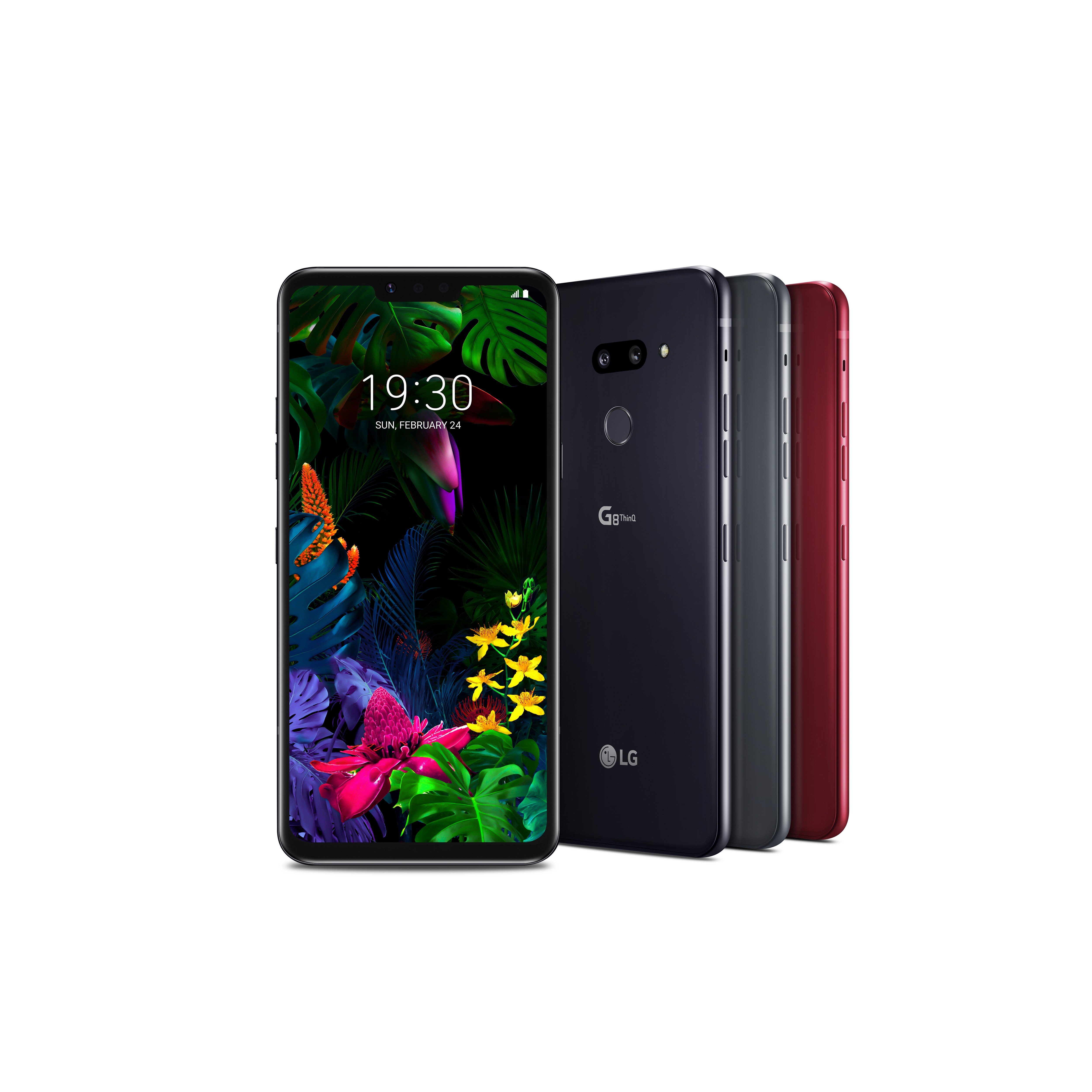 The front and rear view of the LG G8 ThinQ in New Aurora Black, New Platinum Gray and Carmine Red