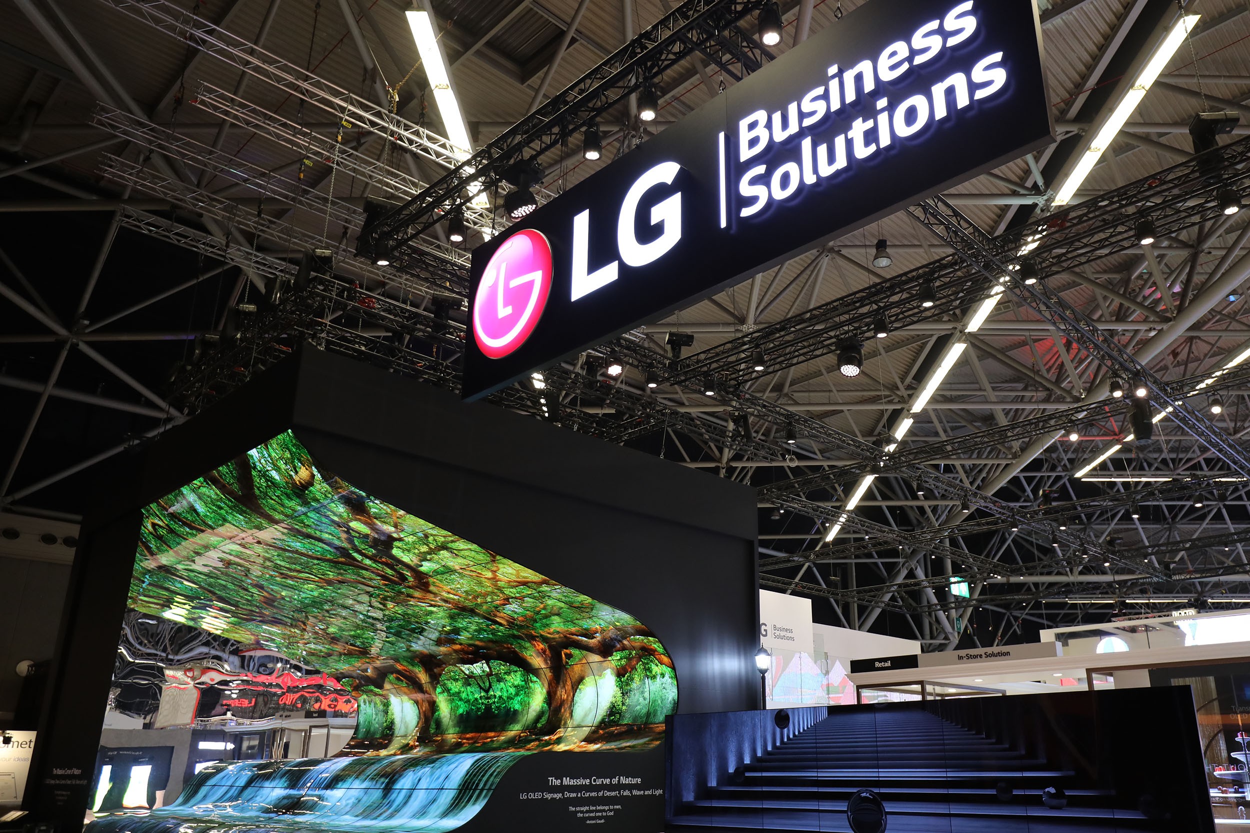A panorama view of LG’s booth at ISE 2019.