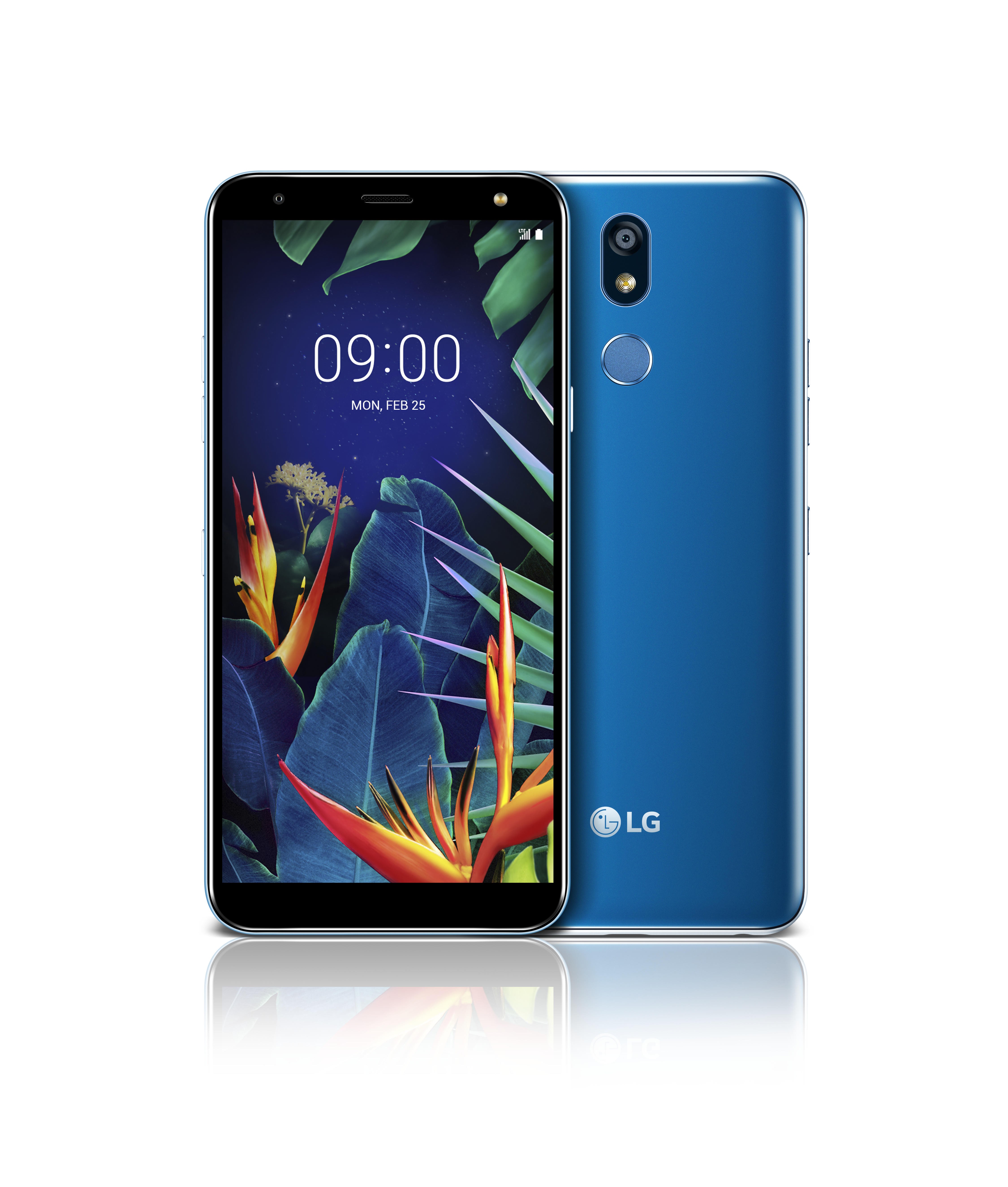 The front and rear view of the LG K40 in New Moroccan Blue
