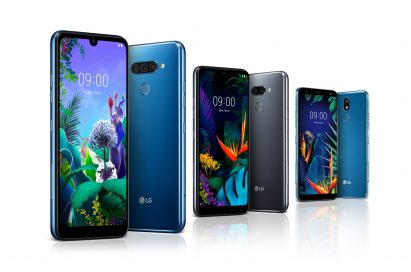 The front and rear view of the LG Q60 in New Moroccan Blue, the LG K50 in New Platinum Gray and LG K40 in New Moroccan Blue