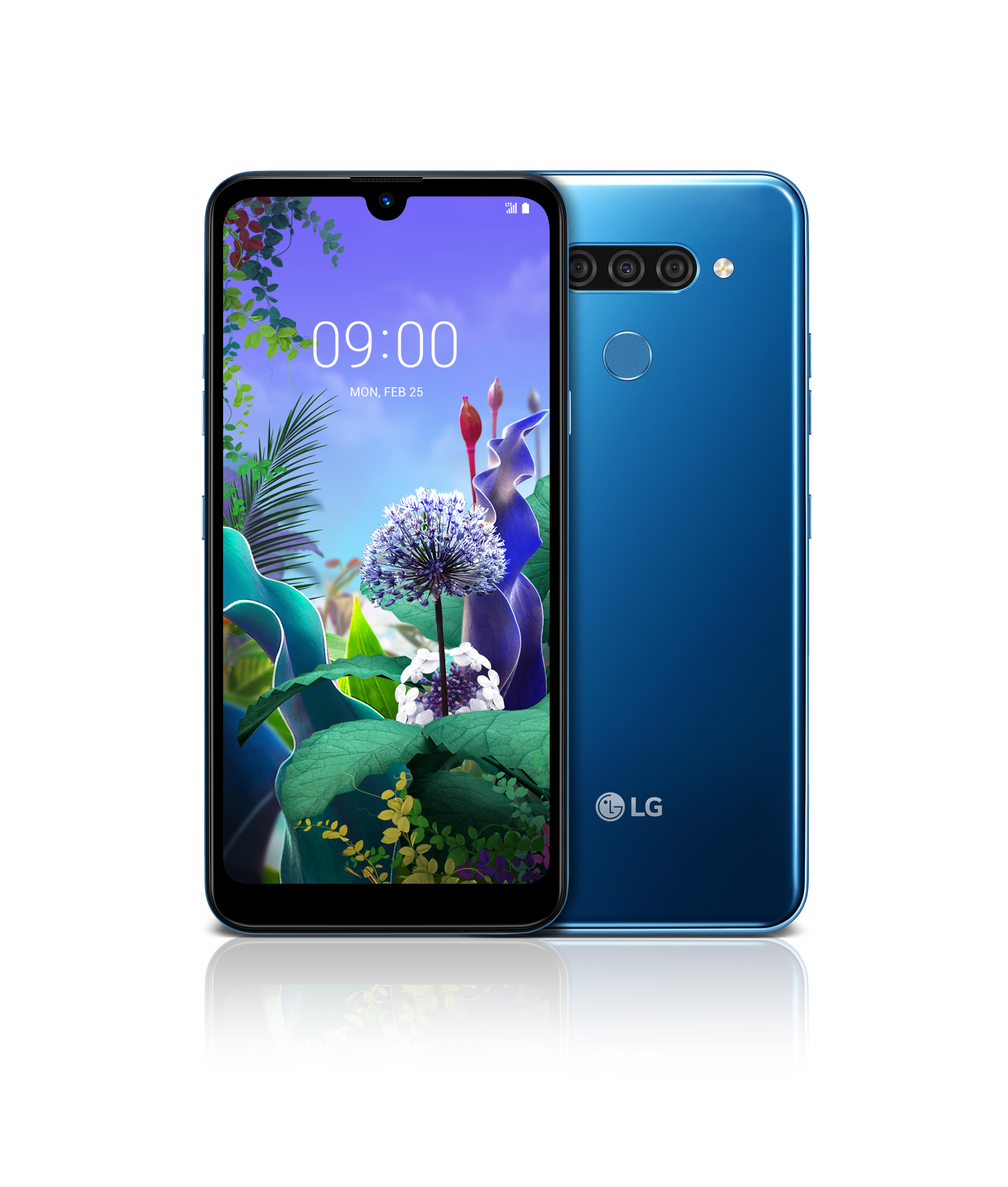 The front and rear view of the LG Q60 in New Moroccan Blue